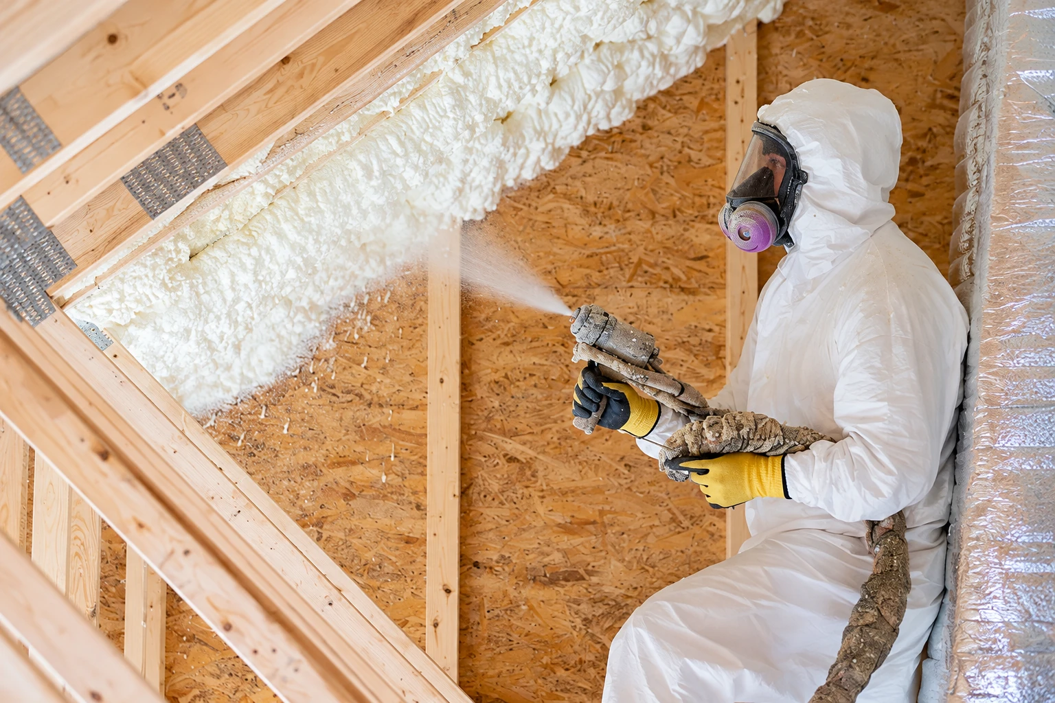 A worker in protective gear sprays foam insulation onto the inside of a wooden roof frame.