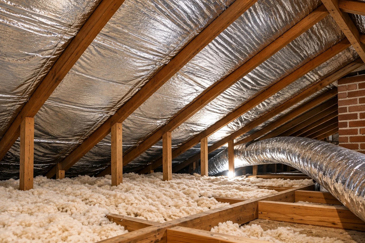 Attic air sealing with reflective foil lining the roof between wooden rafters above a layer of loose-fill insulation.