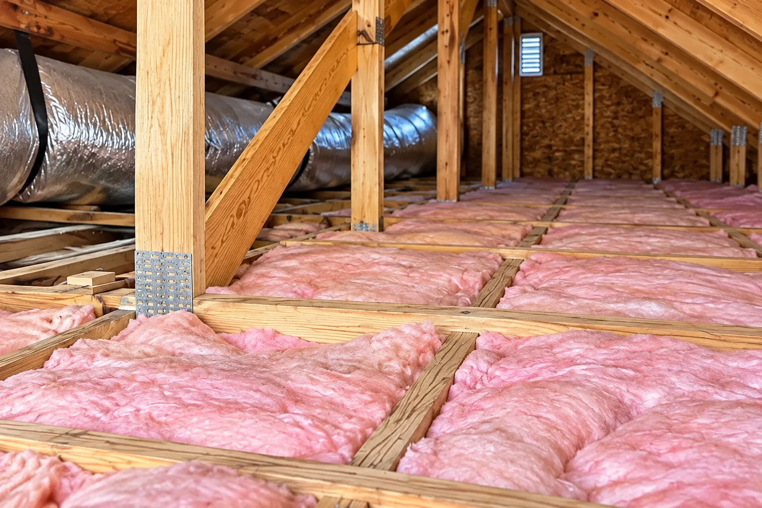 Pink fiberglass batts cover an attic floor between wooden joists, with a large flexible metal duct along the side.