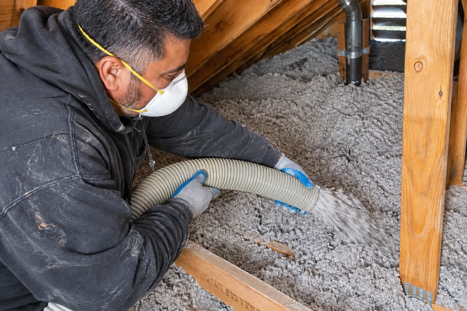 A masked worker spreads loose-fill insulation across an attic floor using a flexible hose.