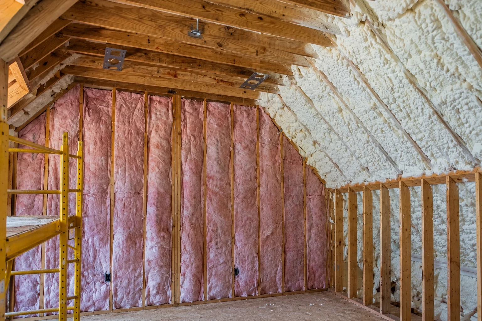 An unfinished attic has pink batts in the walls and white spray foam coating the sloped roof between rafters.