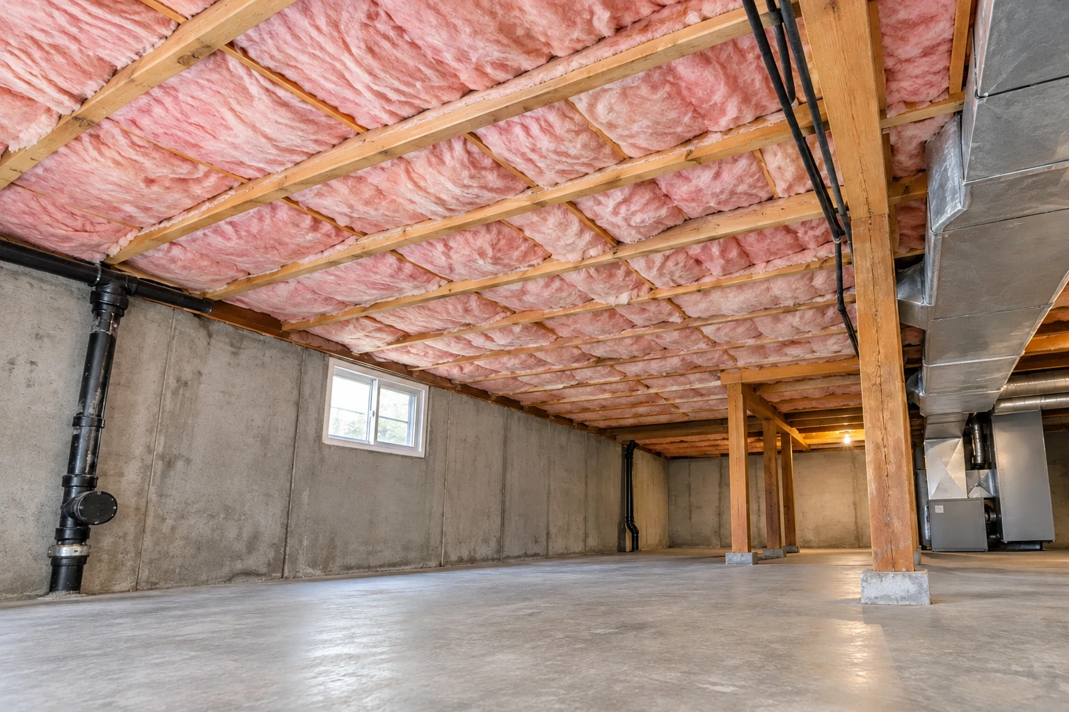 Basement with pink batt insulation fitted between ceiling joists above a concrete floor, with support posts and ductwork.