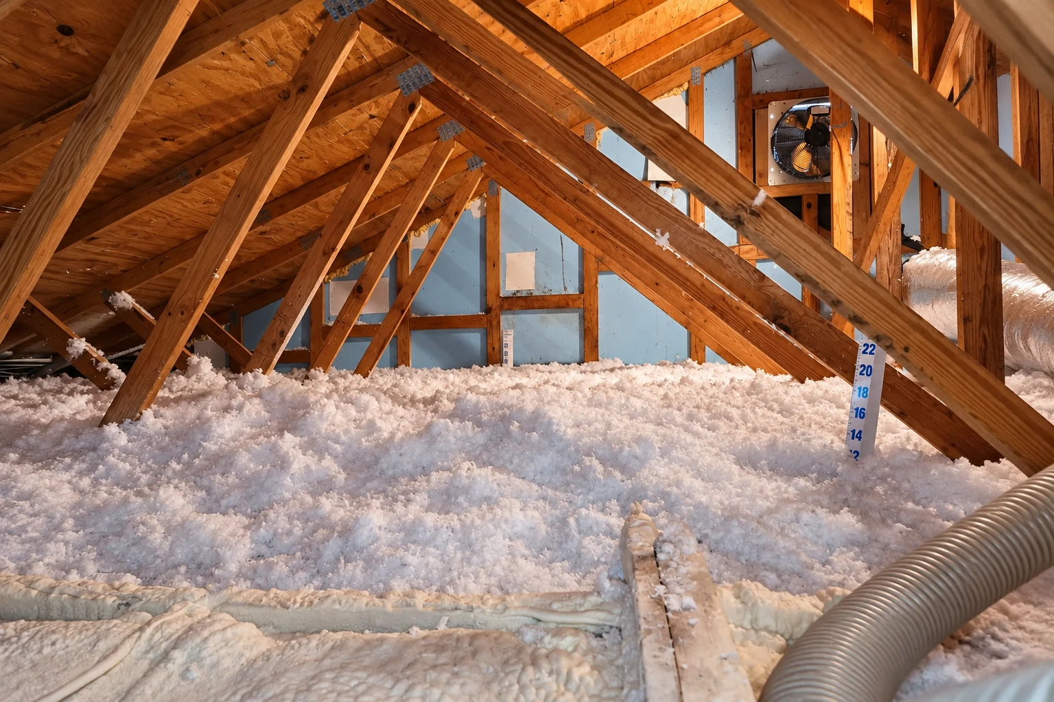 Loose-fill insulation covers an attic floor beneath exposed wooden roof trusses, with a depth ruler standing in the material.