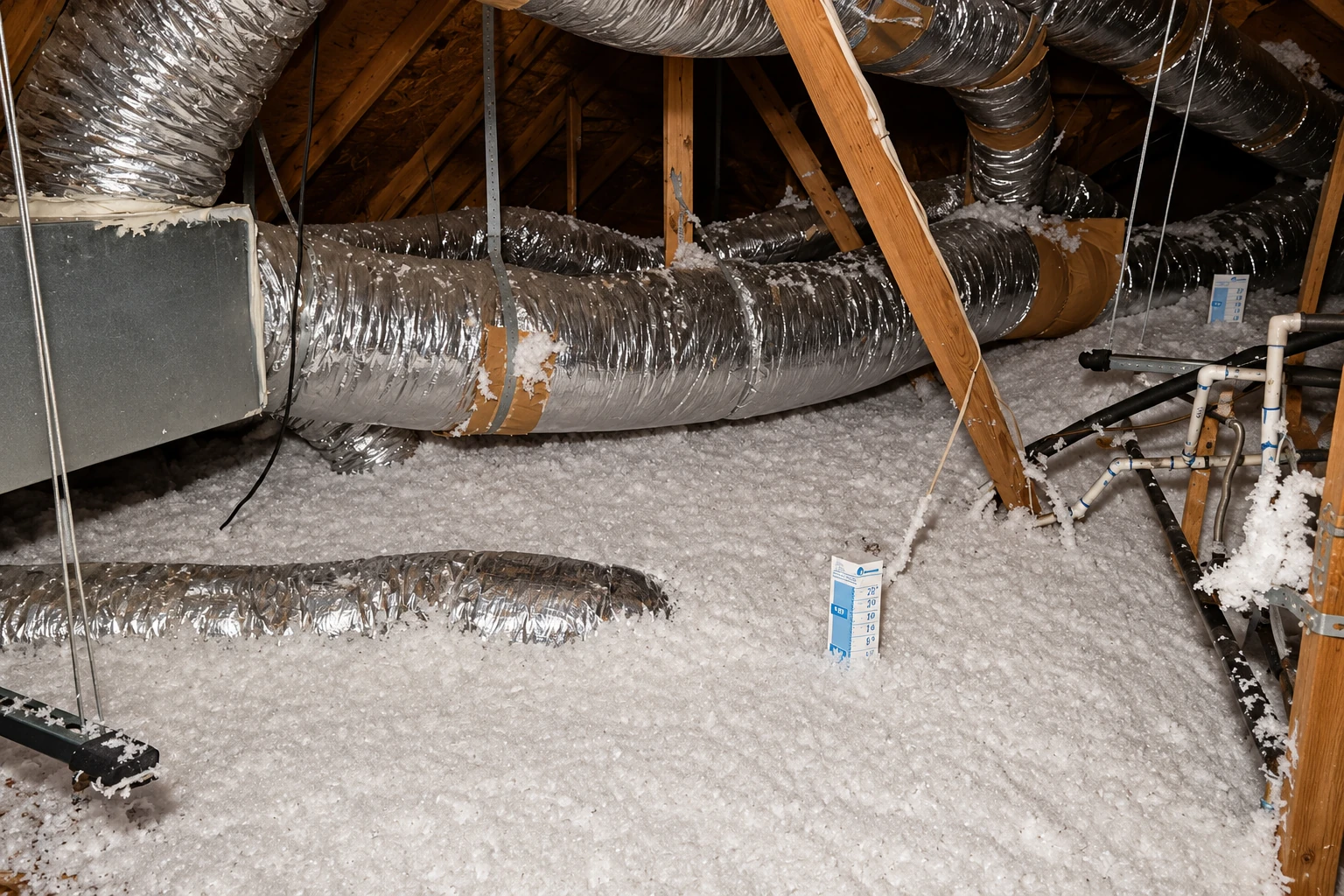 Blown-in insulation covers an attic floor beneath large silver ducts, wooden rafters, and plumbing pipes.