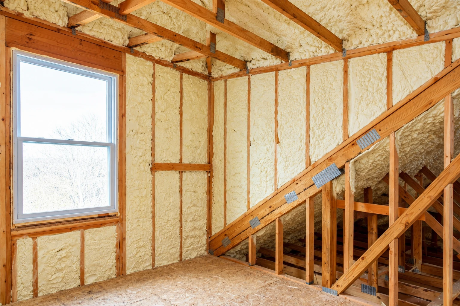 Closed-cell foam insulation fills the wall and roof cavities of a wood-framed attic beside a window.