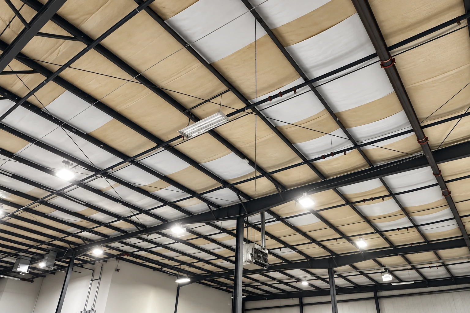 Commercial insulation panels cover a high ceiling supported by black steel beams, with lights and pipes below.