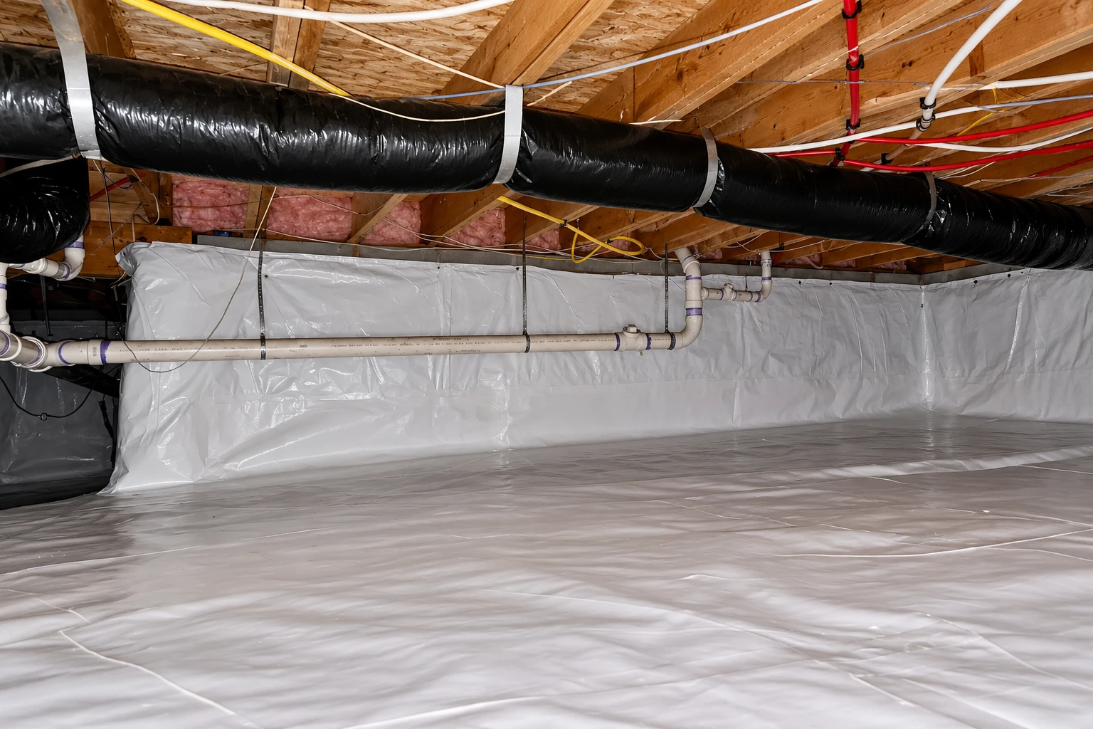 Crawl space with a white vapor barrier covering the floor and walls, exposed joists, ducts, pipes, and some pink insulation.