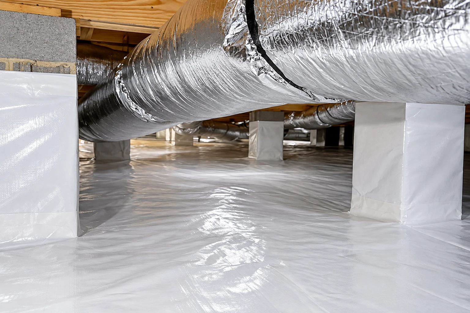 A crawl space floor and support columns are covered with a white vapor barrier beneath large silver ducts.
