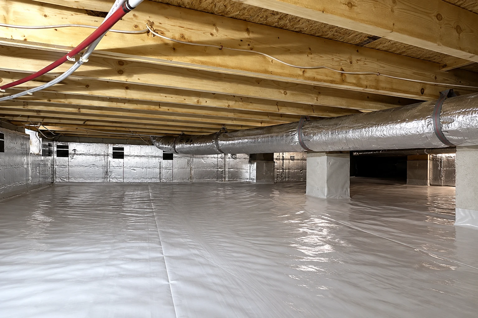 A crawl space has a reflective vapor barrier covering the floor and lower walls beneath wooden floor joists and ductwork.