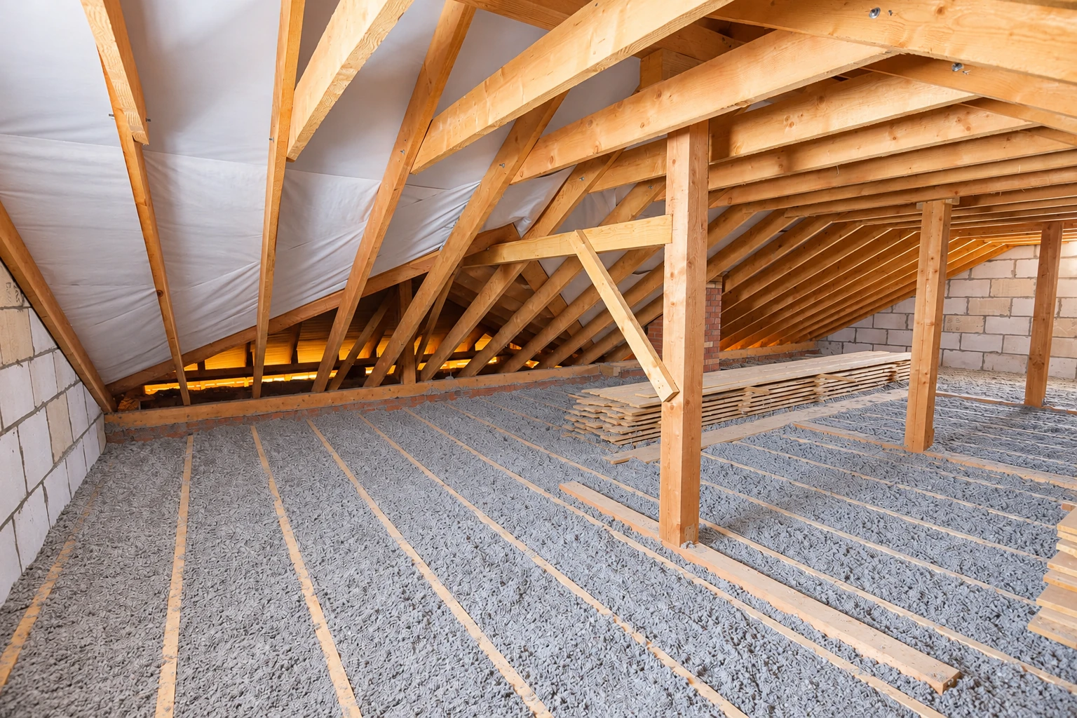 An unfinished attic has gray loose-fill insulation between floor joists and exposed wooden roof framing.