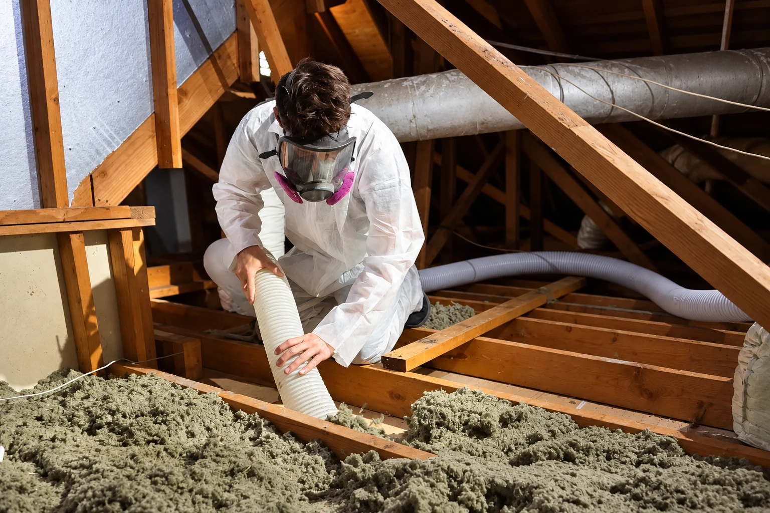 A worker in protective coveralls and a respirator uses a hose to remove loose insulation from an attic floor.