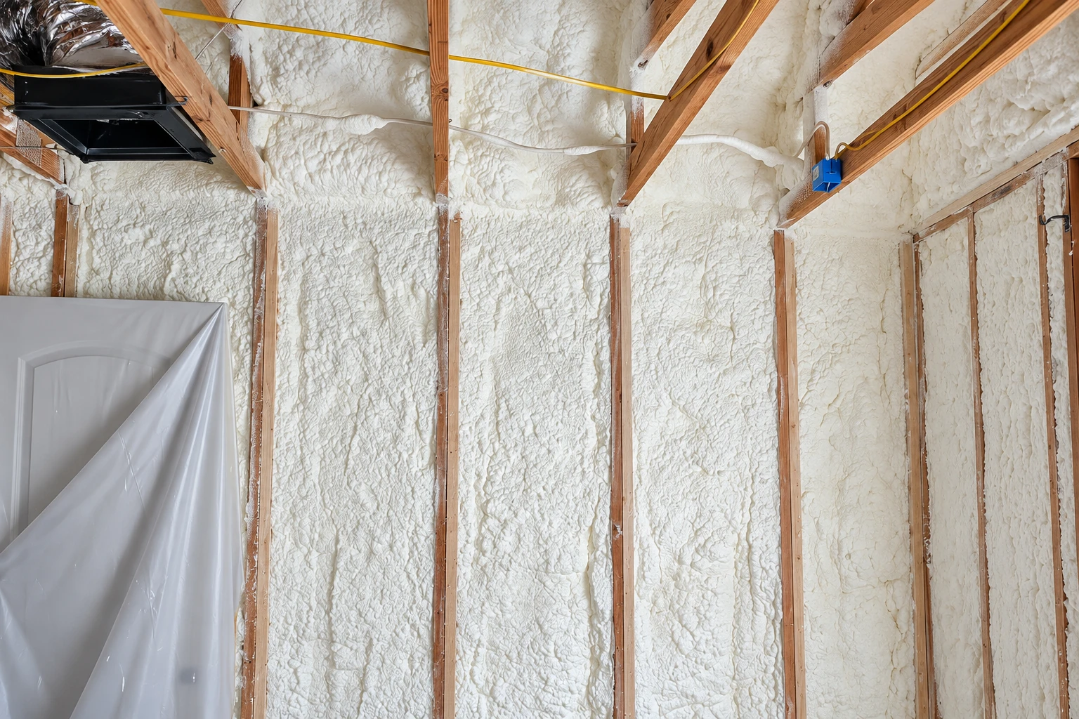 Open-cell foam insulation covers the walls and roof between exposed wooden framing in an unfinished room.