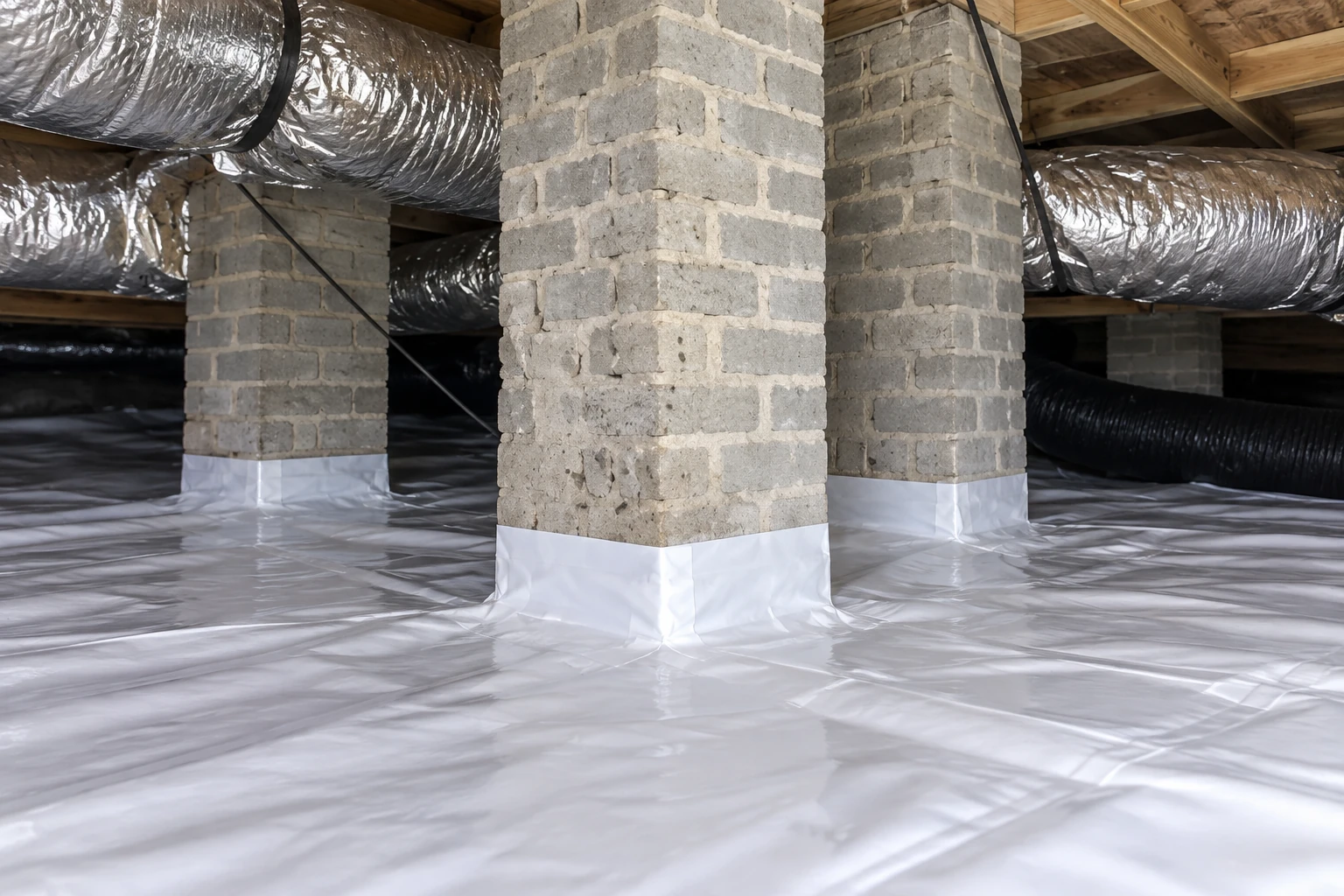 White vapor barrier covers the crawl space floor and wraps the bases of masonry columns beneath silver ductwork.