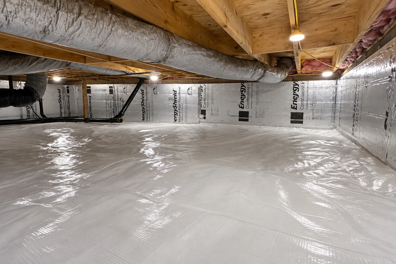 A crawl space has shiny vapor barrier covering the floor and lower walls beneath exposed joists and ducts.