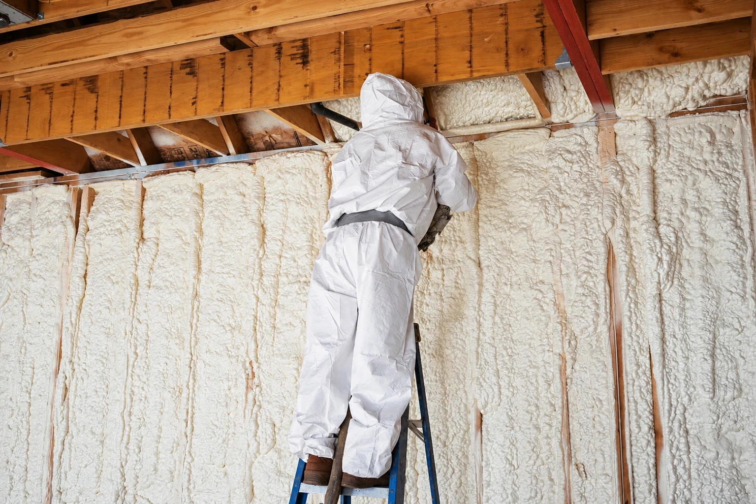 Insulation worker in protective coveralls applies spray foam between wall studs from a ladder.