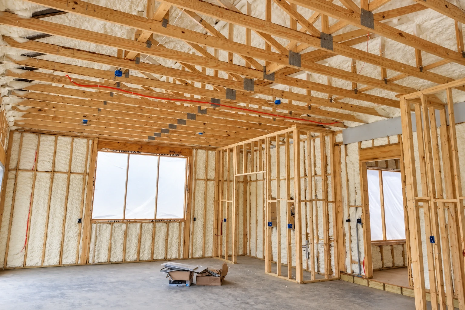 An unfinished room has exposed wooden framing and white spray foam insulation on the walls and ceiling.